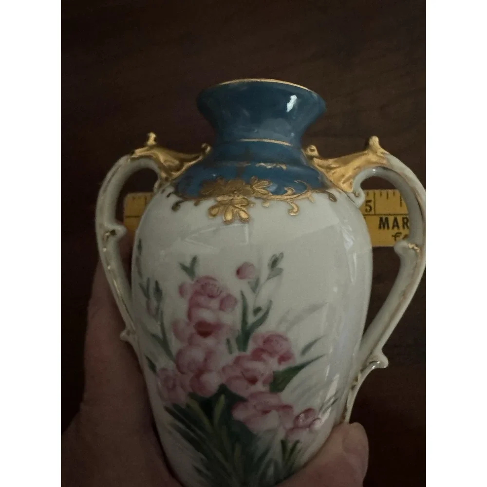 Vintage Japan Porcelain Mantle Vases Pair Hand Painted Blue Gold Gilt Floral 6